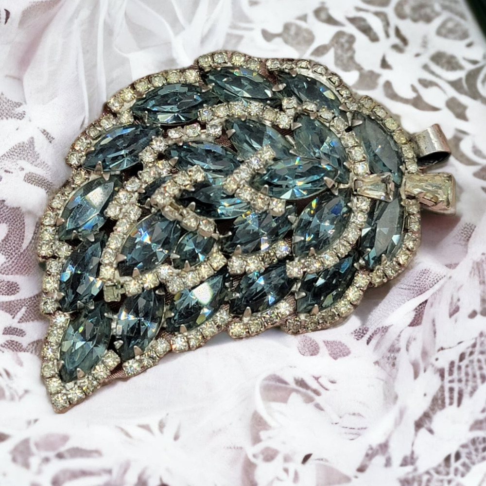 Vintage ~ Signed WEISS ~ Blue and Clear Rhinestone Leaf Brooch/ Pin and Pendant